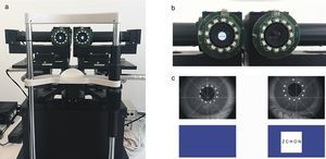 (a) General front view of the prototype. (b) Right and left eyepieces, (c) corresponding right and left infrared images used for eye tracking and internal view of the right and left microdisplays.