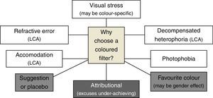 Possible reasons why children might choose a coloured overlay on first testing. LCA, longitudinal chromatic aberration.