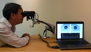 The Neuroptics DP-2000 laboratory-based, binocular pupillometer with subject being tested (used with permission, Neuroptics Inc.).