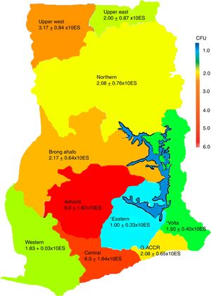 A map showing the means±SEM levels of contamination by region by with blue indicating the region with the least contamination and the red the region with the most contamination. One-way ANOVA (multiple comparisons) indicated Volta and Eastern Region had less contaminations compared to Ashanti and Central Regions. *Indicates p≤0.005).