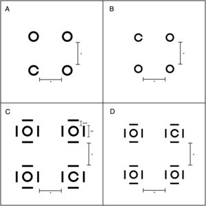 Configuration of differential acuity targets. A and B show the spacing as the uncrowded letters decreased in size. C and D show the spacing as crowded letters decreased in size. *Separation remained constant at 2× largest uncrowded letter height/width. ** 1 letter height/width. ***0.5 letter height/width.