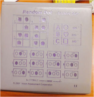 Randot Stereoacuity test booklet. The bottom last plate scores up to 12.5 s arc.