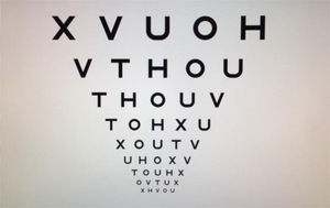Test of symmetrical letter optotypes of the Bueno Matilla Unit used for the determination of the visual acuity of the subjects evaluated during the study, wherein the same letters considered symmetrical (H, T, V, U, O, X) are repeated, varying in size with logarithmic reduction.