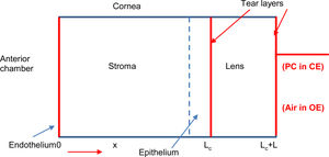 Schematic representation of a human cornea with a contact lens (right side). When the eye is closed oxygen flows from the palpebral conjunctiva (PC) and from the aqueous humor (AH) in the anterior chamber, while under open eye condition oxygen reaches the anterior surface of the cornea from the atmospheric air and AH.