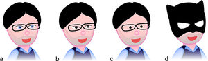 Different ocular animation styles: a) Realistic; b) sclera and black dot; c) dots; d) masked.