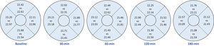 Results are converted to left‐eye configuration. Mean vessel length density (mm-1) of the superior (top), temporal (right), inferior (bottom) and nasal (left) quadrants at different time points. Upper figures: caffeine visit; Lower figures: placebo visit.