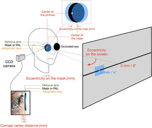 Experimental set-up. For the procedure of calibration a mask with different eccentricities was used. During the experiment the mask was replaced by a PAL.
