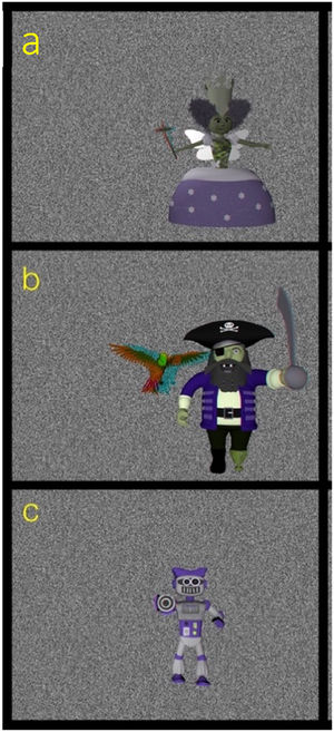 Images of each of the stereoscopic models: (a) stereoscopic model of a fairy with a magic wand with a star at the tip, leaning forward; (b) stereoscopic model of a pirate with a parrot flying ahead at a certain distance; (c) stereoscopic model of a robot with the left fist outstretched.