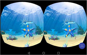 Screenshot of the underwater treasure game used in the study. The left image was seen by the left eye and the right image by the right eye.