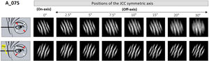 Retinal image simulations for profile A_075, with −0.75 D of LOAst and the induced astigmatism axis expressed in minus cylinder form is at 180°. The JCC symmetric axis is shown aligned with the astigmatism axis (on-axis) and rotated by 2.5°, 5°, 7.5°, 10°, 15°, 20° and 30° relative to the patient