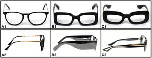 Front- and lateral-view pictures of the three spectacles (A, B, and C) from the study. Spectacle A has thin frames and temples, spectacle B has medium-thickness frames and thick temples, and spectacle C has thick frames and medium-thickness temples.