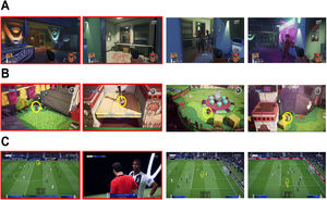 Examples of scenes in which participants tended to blink more (left, red frames) or not blink (right frames). A) Call of Duty, B) Sackboy, and C) FIFA 19. In panels B and C, the yellow circles highlight where the 