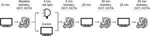 Protocol. At each of four experimental sessions, participants watched a distance television for 10 min and underwent baseline ocular measurements. They were exposed to either red light or continued to watch the distance television for 5 min. Ocular measurements were repeated immediately at 5, 30, and 60 min.