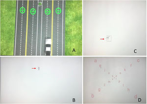 Active Vision Therapy delivered using the VTS4 Projector Computer Orthoptics System. (A) Road Race (vergence training): children were instructed to align a target (“GO”) appearing in depth using the response button. (B) Saccadic performance assessment: randomly positioned directional arrows appeared on the screen, and participants responded using a game switch pad (indicated by a red-pointed arrow). (C) Smooth pursuit performance assessment: a moving target (dinosaurs) and a reference box were presented dichoptically, and participants were instructed to maintain the target within the box using a mouse (indicated by a red-pointed arrow). (D) Amblyopia module: children identified and read randomly distributed letters presented on the screen.