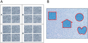 (A): Random dot-stereograms of the Random Dot 2 Stereo Acuity Test with LEA Symbols with its four subsections: A (500 arcsec), B (250 arcsec), C (125 arcsec), and D (63 arcsec). Each test section includes a single blank shape (B): Examples of the figures shown to the experimental participants as additional visual cues and explanation, printed in DIN A4, subtending a visual angle of ≈ 23°.