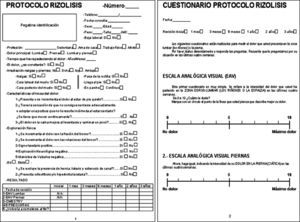 Protocolo-Rizolisis para la recogida de los datos de filiación, sexo, edad, rasgos antropométricos, profesión, estado laboral y características clínicas y de exploración física del dolor, así como dolor medido según escala analógica visual, índice de discapacidad por dolor lumbar de Oswestry y de satisfacción del paciente con el tratamiento recibido durante el seguimiento, siguiendo las indicaciones del Grupo para el Estudio de las Enfermedades del Raquis.