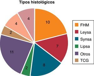 Tipos histológicos hallados en los pacientes. FHM: histiocitoma fibroso maligno; LEYSA: leiomiosarcoma; LIPSA: liposarcoma; SYNSA: sarcoma sinovial; TCG: tumor de células gigantes.