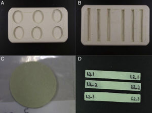 Moldes utilizados para la preparación de las muestras de desgaste (A) y flexión (B). Muestras una vez retiradas del molde, previas a su ensayo (C y D).