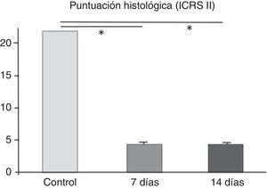 Puntuación histológica (ICRS II) con diferencias estadísticamente significativas con la región control, sin existir diferencias entre los 2 tiempos evaluados. * p<0,05.