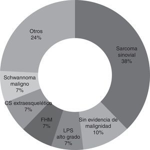 Diagnósticos hallados en la revisión de laminillas histológicas de la primera cirugía por anatomopatólogos experimentados de nuestro centro. CS: condrosarcoma; FHM: fibrohistiocitoma maligno; LPS: liposarcoma.