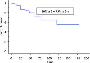 Supervivencia global del implante en revisiones: del 86% a 2 años (IC 95%: 79-94) y 73% a los 5 años (IC 95%: 60-80).