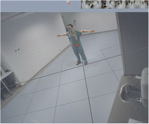 Imagen obtenida del software iPi Recorder tras la realización de una captura de movimiento con un actor. Sobre el actor se muestran los distintos ejes de las extremidades y los círculos representan las articulaciones del mismo.
