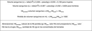 Fórmula Nadler para el volumen sanguíneo. Hbperdida, cálculo de la Hb perdida (g); Hbpre, valor Hb en el preoperatorio; Hbpost, valor Hb tras la cirugía; Hbtrans, cantidad de Hb (g) en los concentrados de hematíes.