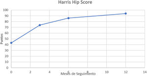 Mejora del Harris Hip Score desde el estado preoperatorio a distintos controles programados hasta el final del seguimiento.