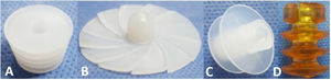 Diseño de los restrictores de cemento. A. Press-fit (PUAPM). B. Universal tipo paraguas (PUAPM). C. Universal tipo aletas (PUAPM). D. Expandible (gelatina de porcino).