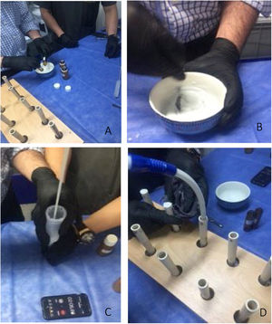Proceso de cementación. A. Mezclado. B. Homogenización. C. Envasado en la jeringa. D. Colocación en los tubos de PVC.
