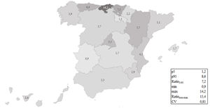 Promedio de incidencia por 100.000 habitantes de los últimos 5 años (2014-2018) por cada comunidad autónoma.