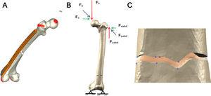 (a, b) Outline of the boundary conditions applied to the model. (c) Detail of the generated fracture together with the homologous points to measure the micromotions.
