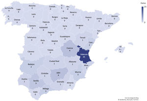 Provincia de nacimiento de los pacientes de la serie sobre el mapa político de España.
