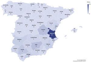 Provinces where the patients in the series were born over the political map of Spain.