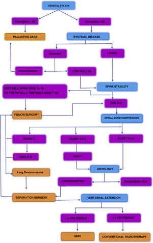 Algorithm of decisions proposed in the management of patients with spine matastases.