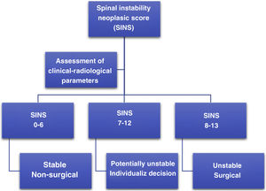 Spinal Instability Neoplastic Score (SINS). The Spinal Instability Neoplastic Score helps in the assessment of tumour-related spinal instability. A SINS of 7–18 requires surgical assessment to evaluate spinal instability before proceeding with any planned radiation treatment.