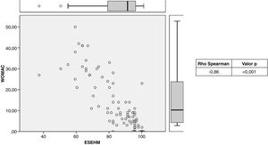 Scatter plot depicting the total scores of the WOMAC and ES-EHM scales of the patients enrolled.