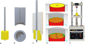 Assembly of the models for the loading tests. (A) Final assembly with the coil (30mm) completely inserted into the model. (B) System used to insert the pin perfectly perpendicular to the model. (C) Definitive assembly of the pin on the model, keeping the insertion piece. (D) Examples of the cortical pattern (top), cancellous with 30% filling (centre) and with 10% filling (bottom). (E) Sample of the tensile test scenario.