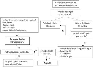Protocolo para la detección y tratamiento tempranos del sangrado oculto. CMI: cirugía mínimamente invasiva; FVO: fracturas vertebrales osteoporóticas; Hb: hemoglobina; TC: tomografía computarizada.
