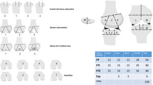 Escala de valoración WORMS modificada tomando solo los aspectos relativos al hueso subcondral (WORMSsc). Se miden los aspectos relacionados a la izquierda (erosión ósea, edema óseo, presencia de quistes y aspecto de los osteofitos), de acuerdo a los dibujos planteados para cada ítem, puntuando cada uno en las siguientes áreas de la rodilla: cóndilos (subdivididos en área anterior [A], central [C] y posterior [P]), mesetas (subdivididas en anterior [A], central [C] y posterior [P]), femoropatelar (medial [M] y lateral [L]) y espinas tibiales (S). Las puntuaciones máximas posibles se detallan en la tabla inferior derecha. Esp: espinas; FP: femoropatelar; FTE: femorotibial externo; FTI: femorotibial interno.