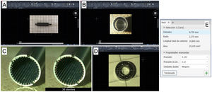 Análisis de piezas mediante el programa AutoCAD 2024. A. Medición del imán. B. Geometría dentada de la funda de engranajes, revelando el uso de roscas. C. Comparación ampliada de la funda de engranajes con 36 dientes. D. Imagen del cojinete con 7 rodamientos medidos con Autodesk Inventor. E. Captura de pantalla de la medición dimensional del cojinete.