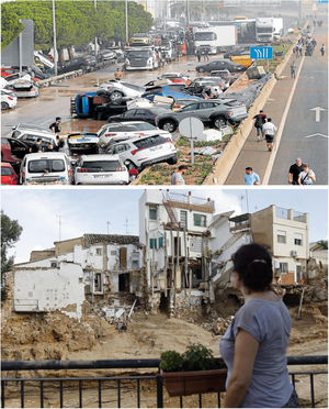 Destruction of means of transport (top) and infrastructure (bottom) after floods. Source image above: private archive; source image below: Kai Försterling/EFE.