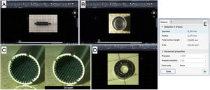 Analysis of parts using AutoCAD 2024 software. (A) Measurement of the magnet. (B) Toothed geometry of the gear box, showing the use of threads. (C) Enlarged comparison of the gear box with 36 teeth. (D) Image of the bearing assembly with 7 bearings measured with Autodesk Inventor. (E) Screenshot of the dimensional measurement of the bearing assembly.