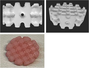 Diseño de la pieza cilíndrica de 10mm de diámetro y 5mm de altura con orificios de 1mm de diámetro cada 2mm. En la imagen superior izquierda y derecha se observa el molde diseñado en el programa Meshmixer. En la imagen inferior se observa la figura tras ser impresa en 3D.