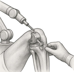 Grayscale medical illustration depicting robotic-assisted total knee arthroplasty (TKA) using the MAKO system. The image shows the robotic arm guiding bone resection with haptic feedback, based on preoperative CT-based templating. It highlights key components such as femoral and tibial cutting guides, real-time navigation interface, and surgeon interaction with the system.