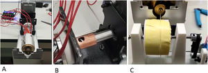 Device for filament synthesis with pure polylactic acid. (A) Longitudinal view of the device. (B) Nozzle through which the PLA powder is introduced. (C) Filament collection and winding system.