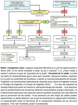 Cribado y abordaje del paciente mayor con caídas (fuente: Guía de recomendaciones en prevención de caídas en la persona mayor institucionalizada. Ed. Dirección General de Coordinación Sociosanitaria. Comunidad de Madrid. Mayo-2023).