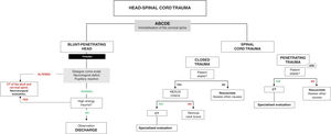 Initial management algorithm for patients with head and spinal cord trauma.