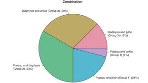 Distribution and proportion of the type of combination of bifocal fractures present.