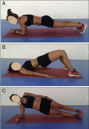 Ejercicios de estabilización en decúbito prono, decúbito supino y decúbito lateral manteniendo la pelvis elevada contra gravedad. A) Puente o plancha frontal. B) Puente o plancha dorsal. C) Puente o plancha lateral.